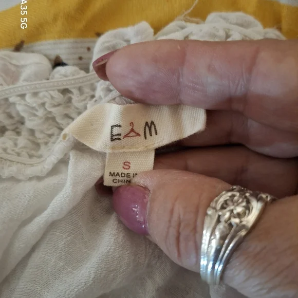 E M White Off-Shoulder Top with Blue Embroidery - Picture 4 of 4